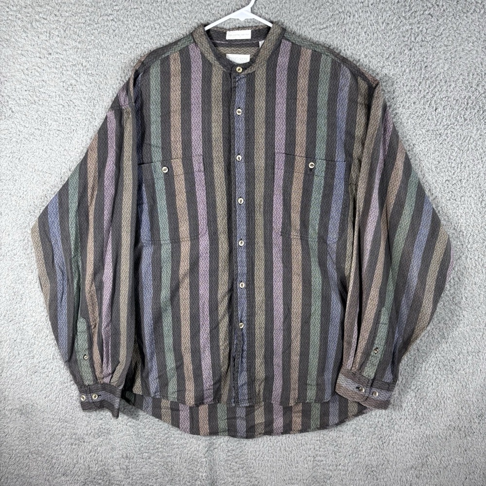 Vintage‎ King Size Button Shirt Mens LT Tall Striped Band Collar Colorful Stripe